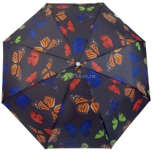 Черный зонт с бабочками, в три сложения, Style, полуавтомат, арт.1501-2-17